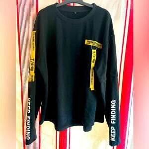 Black Graphic Tee with Warning Tape Design